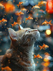 Curious Tabby Cat Gazing at a Glowing Butterfly in Golden Light