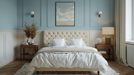 Scandinavian-inspired bedroom with a pale blue feature wall, white wainscoting, a padded ivory headboard, natural linen drapes, and minimalist wooden decor.