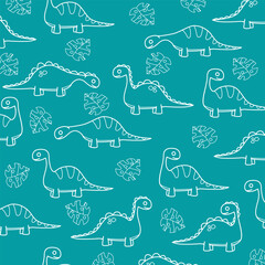 cartoon vector illustration white line dinosaur brontosaurus seamless pattern design for kids apparel fullprint fabric © Rizki