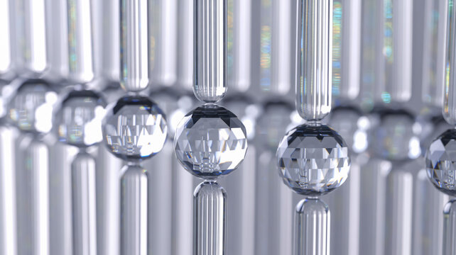 Intricate crystal spheres and faceted prisms reflecting light