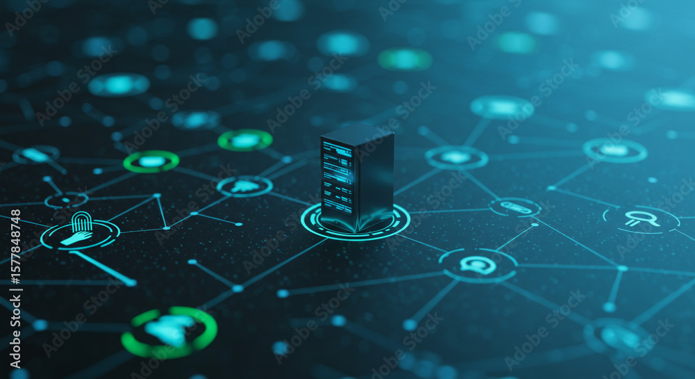 Poster server standing on a network with glowing icons and lines connecting them in a dark blue environment