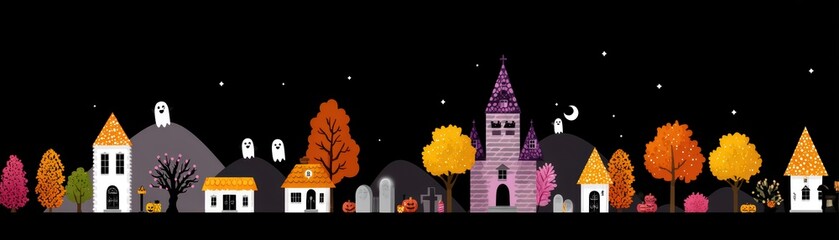 Spooky Halloween Landscape with Colorful Trees, Haunted Houses, Ghosts, and Autumn Elements at Night