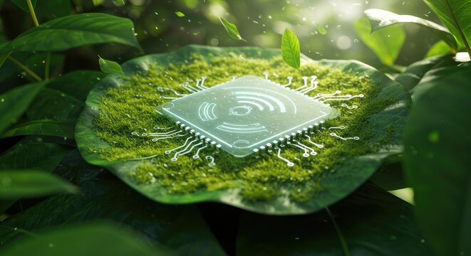 Computer chip on mossy leaf