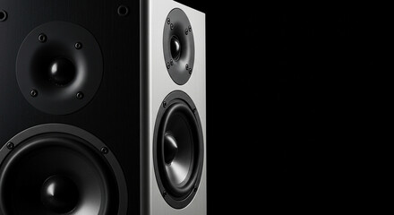 Close up shot of black and silver audio speakers against a dark black background in studio lighting