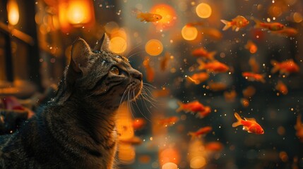 Curious Tabby Cat Gazing at a Glowing Butterfly in Golden Light