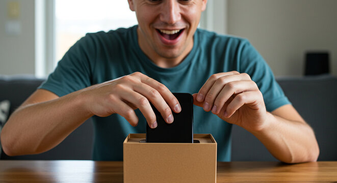 Man excitedly unboxing a new smartphone sitting at a wooden table with a green shirt on indoors