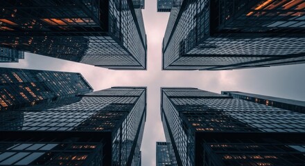Worm's eye view of skyscrapers converging towards the center against an overcast sky in the city