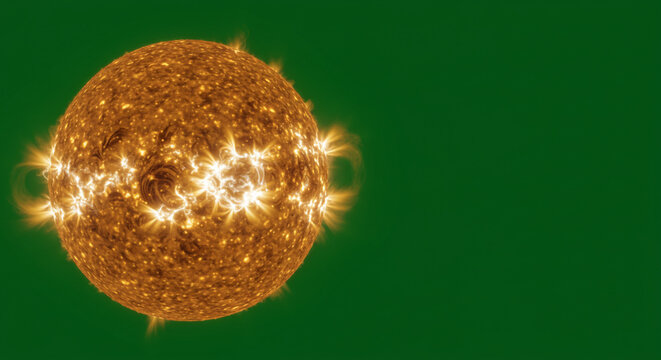 A glowing sun with prominences against a solid green background in a space related illustration
