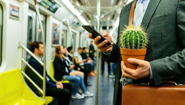 Businessman on Subway with Cactus and Smartphone