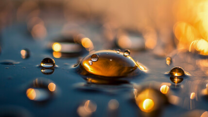 Macro shot of water droplets reflecting warm golden light with bokeh effect