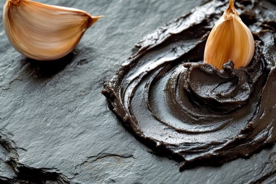 macro of black garlic paste smeared on slate board