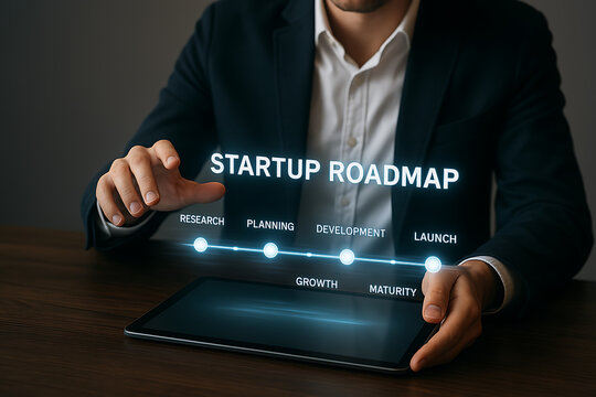 A businessman interacts with a digital startup roadmap on a tablet showing planning, development, and growth towards launch and maturity phases.