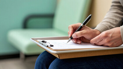 Fototapeta premium Person Filling Out Form on Clipboard