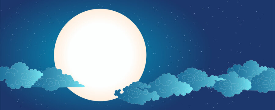 Moon, Asian clouds, stars, moonlit night sky background. Hand drawn vector illustration. Qixi, Mid Autumn Festival backdrop. Traditional Chinese, Japanese, Korean design elements