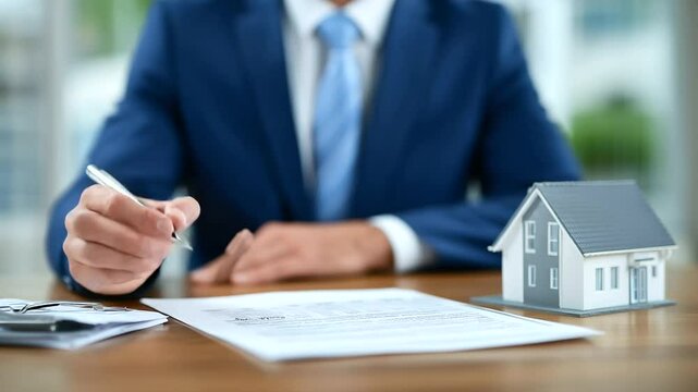 Scene with consultant reviewing amortization tables on-screen as client signs home loan agreement, desk setup includes mortgage application folder, house model, and detailed financ