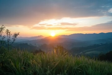 Obraz premium Majestic sunrise timelapse over the serene grasslands and distant mountains, sunrise timelapse at grasslands