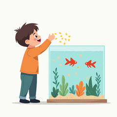 Young boy feeding goldfish in aquarium with plants and water  
