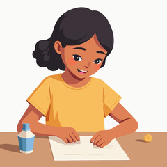 Young girl drawing on paper with bottle and ball on table  