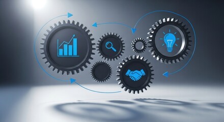Gears with business icons connected by arrows on a gray background representing business process flow