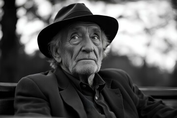 Pensive senior man wearing a hat looking up while sitting on a park bench