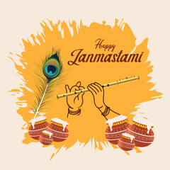 Happy Janmashtami Celebration with Krishna's Flute and Peacock Feather © Jotirmoy