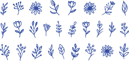 Fototapeta premium Blue floral and botanical line art leaves flowers