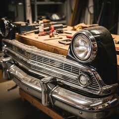 Fototapeta premium Premium photorealistic close-up of a retro car grille and headlight in a workshop, with free text space for blogs, vintage car ads, restoration projects, and automotive promotions.