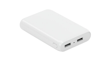 White portable power bank with dual USB ports for charging devices  