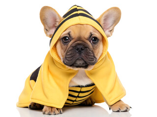 A french bulldog puppy wearing a yellow and black striped bee costume on a white background looking at camera