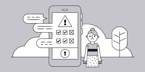 Sad person with phone and notifications technology