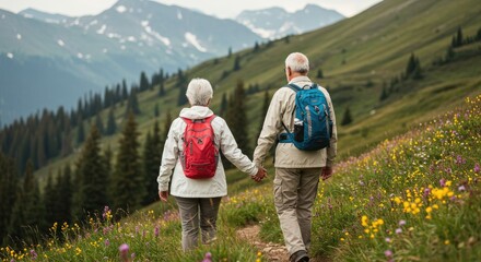 Couple hiking mountain meadow