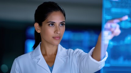 Young Female Scientist Interacting with Transparent Digital Interface in Modern Laboratory