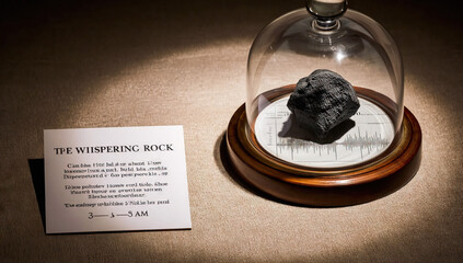 Dark Gray Rock Specimen under Glass Dome with Seismograph Data and Text Card
