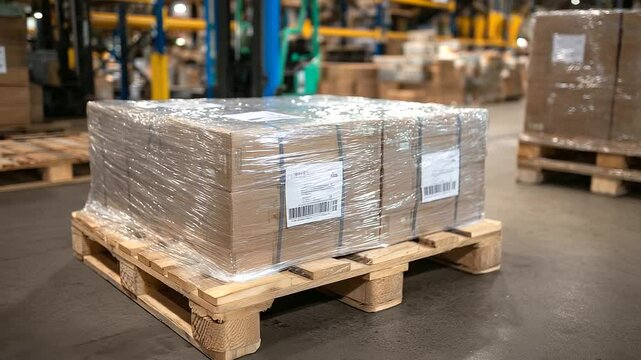 Pallet with glossy film glinting under fluorescent lights, taped cartons underneath showing printed logos and shipping details