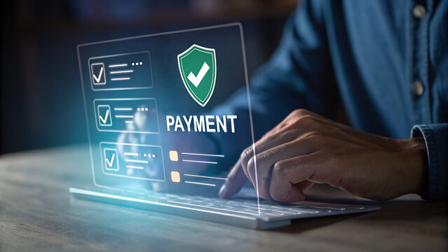 Businessman works on laptop in office with phone