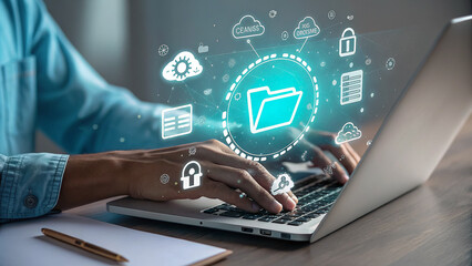 The businessman's hands are on a laptop keyboard, connecting to the internet for business communication