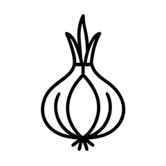 Minimalist black outline vector icon of an onion, symbolizing natural food, farming, and seasonal harvest. Isolated on a white background