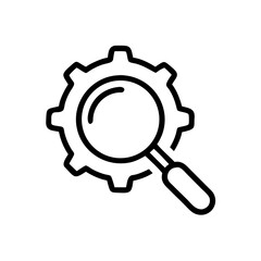Minimalist black outline vector icon of a magnifying glass over a gear, symbolizing analysis, technical insight, and industry research. Isolated on a white background