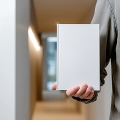 A person holds a blank white book, focusing on hands and texture.