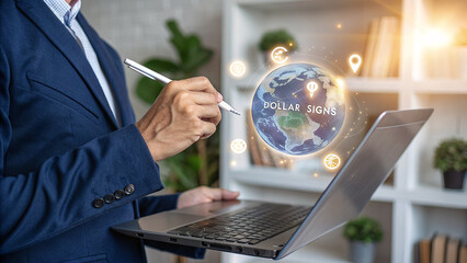 Business person typing on laptop with world map on screen, representing global technology and communication