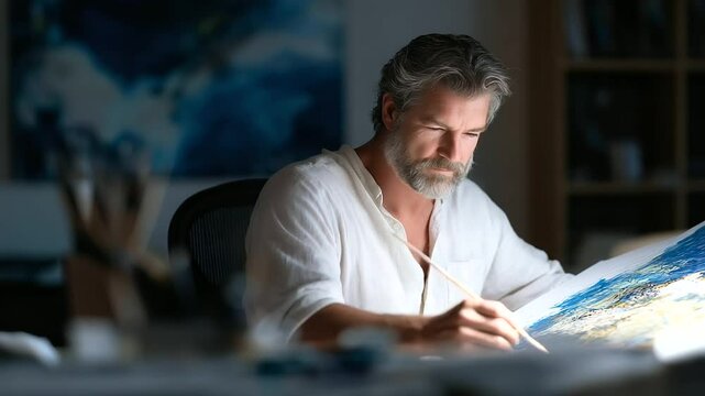 A cartographer painting a map in cool blue-toned lighting
