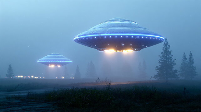 Two glowing blue alien spacecraft hovering over a dark field with trees in a foggy night sky. Science fiction concept. - Powered by Adobe