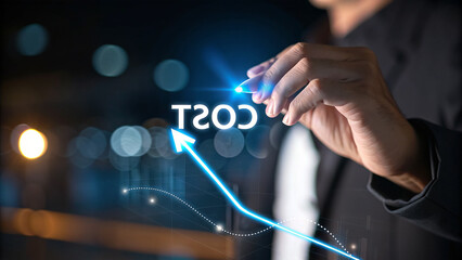 Businesswoman's hand touches a virtual screen with a social network concept, illustrating online communication and data management solutions