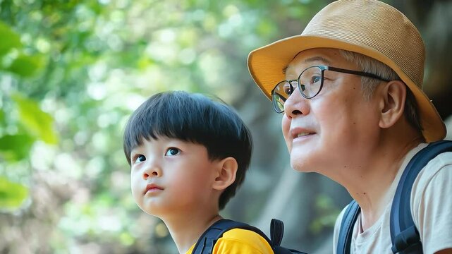 Grandfather and Grandson Looking into the Distance Aspiring to the Future