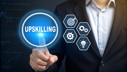 Businessman's hand touches a virtual screen, pressing a social network icon for business communication and marketing success