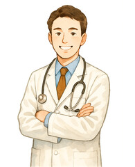 Fototapeta premium 腕組みをしている笑顔の男性の医者の水彩画のイラスト（Watercolor illustration of a smiling male doctor with his arms crossed） 