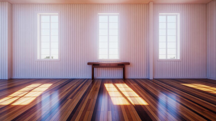 Fototapeta premium Sunlit room with paneled walls and striped wooden floor