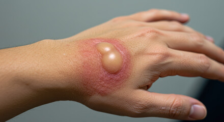 blister on human hand caused by burn highlights skin health issue requiring medical care. close-up medical imagery useful for dermatology education, treatment guides, healthcare articles