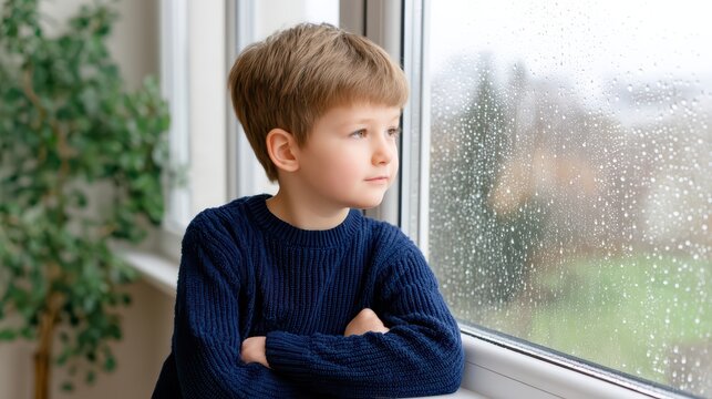 Thoughtful young boy gazing out of a rain-speckled window while lost in contemplation in a cozy indoor setting