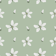 Obraz premium Seamless floral pattern with white flowers on a green background. Floral vector repeat for fabric and packaging